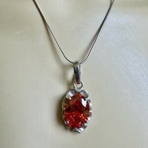 Artisan BE Pendant Italy‎ Necklace 16" Orange Red Lab Garnet 925 Sterling 12.2g